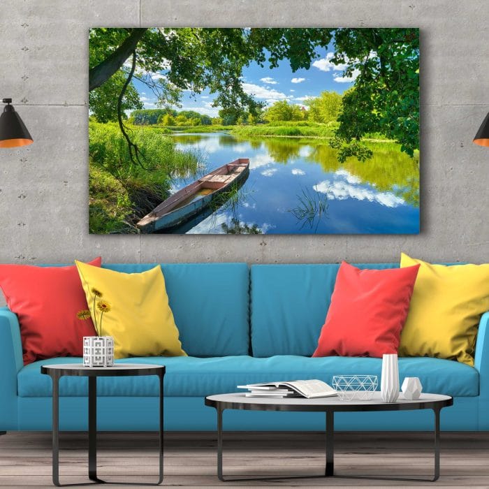 Tablou Canvas Sky Clouds, River, Boat, Green Trees