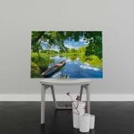 Tablou Canvas Sky Clouds, River, Boat, Green Trees