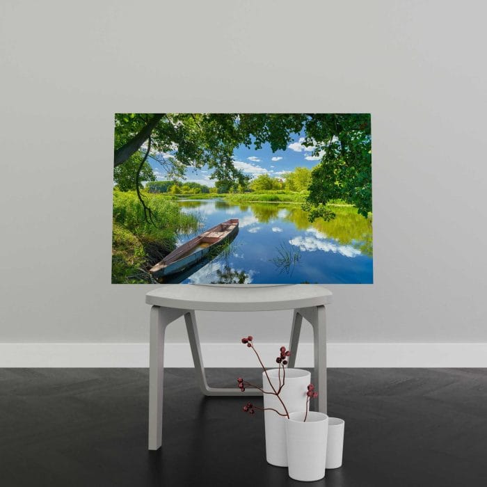 Tablou Canvas Sky Clouds, River, Boat, Green Trees