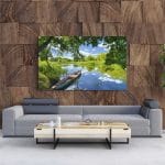 Tablou Canvas Sky Clouds, River, Boat, Green Trees