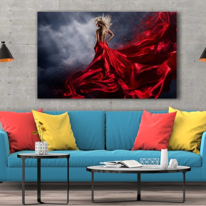 Tablou Canvas Woman in Red Dress Dance over Storm Sky